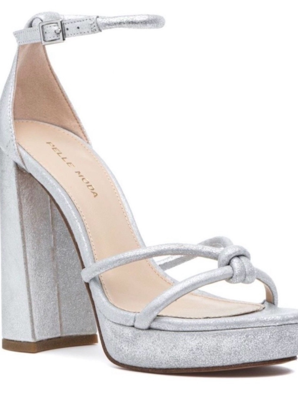 Pelle Moda Metallic Silver Knotted Platform Ankle-Strap Heels